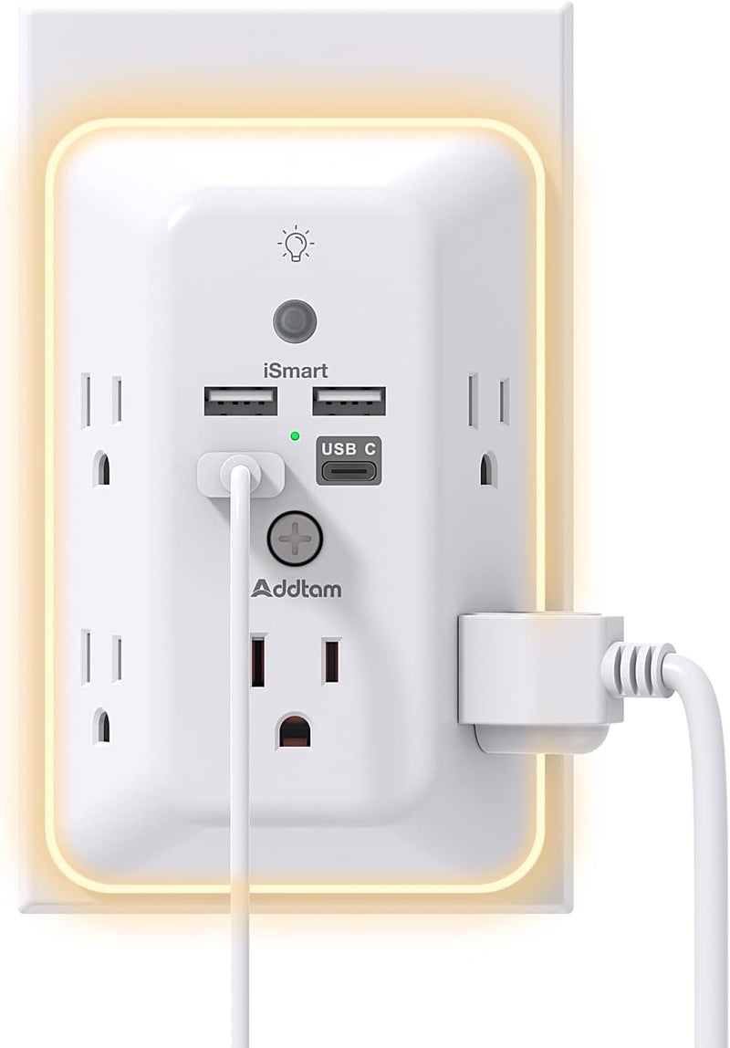 Addtam Surge Protector, Outlet Extender with Night Light, 5-Outlet Splitter and 4 USB Ports(1 USB C), Multi Plug Wall Outlet for Home Office Dorm Room Essentials - Image 1